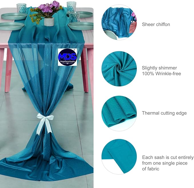 MDS 10 Pack 10ft Chiffon Table Runner 29 x 120 Inches Sheer Wedding Runner Romantic Rustic Table Runner for Wedding Decorations, Birthday Parties, Bridal Shower Party Arch Decor - Dark Teal