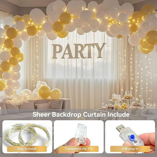 10×10ft Tulle Backdrop Curtains with Lights String - 300LED Fairy Lights Sheer Curtain Backdrop for Weddings Baby Shower and Birthday Party Decorations(6 Panels 5×10ft)