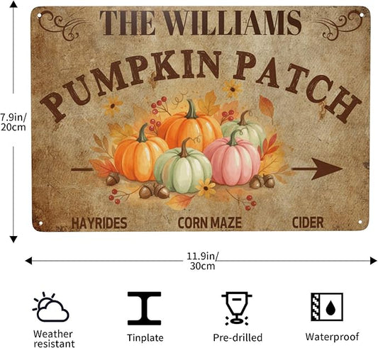 Personalized Halloween Farm Fresh Pumpkin Metal Sign Fall Decor with Family Name Text Custom Pumpkin Patch Farm Signs for Fall Thanksgiving Garden Farmhouse Wall Decoration