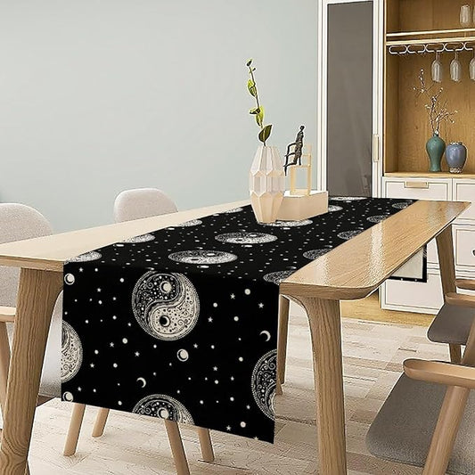 Mystical Celestial Table Runner, Vintage Bohemian Black Yin Yang Symbol Moon Stars Print Table Runner for Office Kitchen Dining Wedding Party Home Coffee Table, 13x120inch