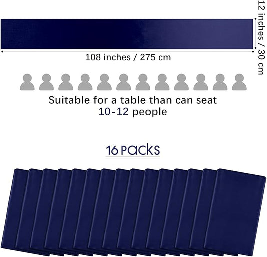 Aneco 16 Pack Satin Table Runner 12 x 108 Inch Navy Blue Long Wedding Satin Silk Table Runner for Wedding Banquet Graduations Birthday Party Decoration