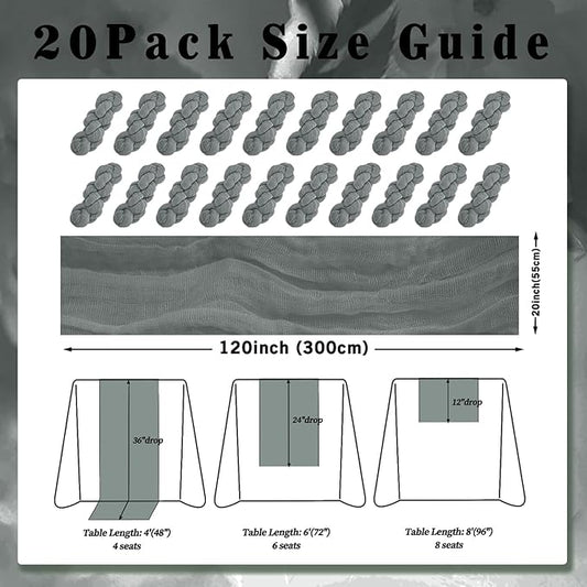 20 Pack Gray 10FT Cheesecloth Table Runner Rustic Gauze Fabric Cheese Cloth Table Runner for Wedding Bridal Baby Shower Table Decor 20 x 120 Inch Long Boho Sheer Birthday Party Table Decorations