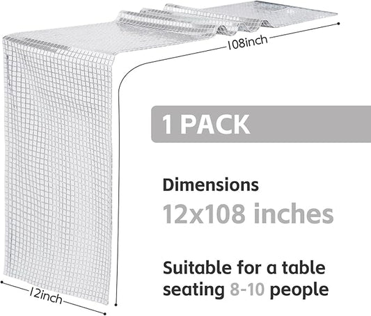 SquarePie Disco Table Runner 1 Pack - Silver Mirror Sequin Glitter Foil Runner for Disco Party Decor Retro 70s 80s Theme, Bachelorette Birthday Dance Decoration 12x108 Inch