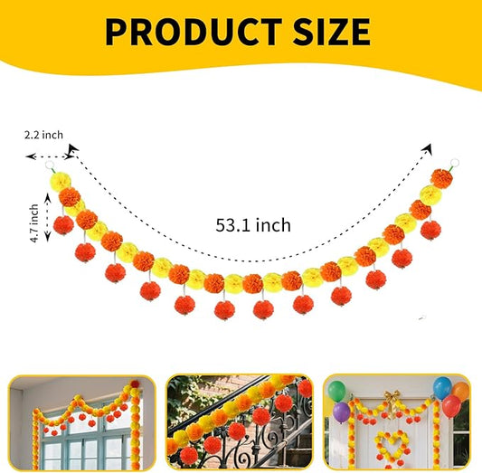 5 Pcs Diwali Artificial Marigold Garland with Pearls Decor, 4.5 Feet Artificial Marigold Flowers for Indian Pooja Diwali Home Mantle Decor Long Strands for All Year Decoration (Yellow&Orange&Red)