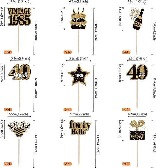36PCS Happy 40th Birthday Cupcake Toppers Double Sided Black Gold Forty Hello 40 Vintage 1985 Cupcake Picks Cheers to 40 Years 40 Fabulous Cake Decorations for 40th Birthday Party Supplies