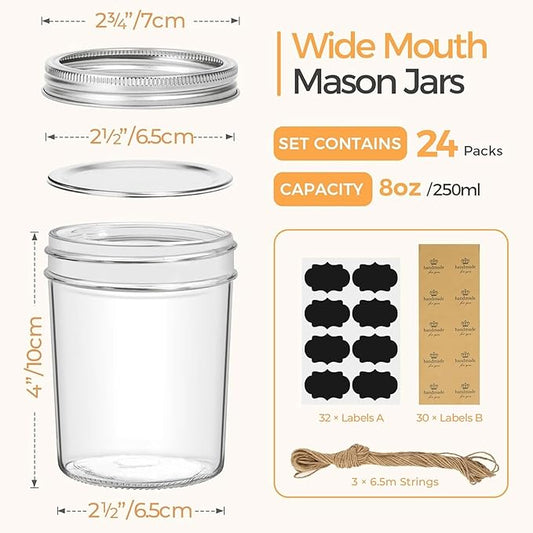 ComSaf Small Mason Jars 8 oz, 24Pcs Regular Mouth Canning Jars, 8 ounce Glass Jar with Lid for Jams, Sauces, Jellies, Spices, Self-Made Gift, DIY Candles Decor, Wedding & Baby Shower Favors