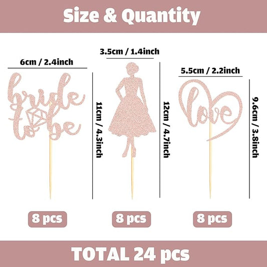 Sotpot 24PCS Bride to Be Cupcake Toppers with Heart Rose Gold Glitter Dress Bridal Shower Cupcake Picks for Wedding Bridal Shower Wedding Engagement Party Cake Decorations
