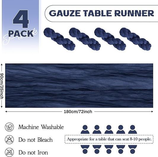 Aktor 4 Pack Navy Blue Table Runner Boho Cheesecloth Table Runner Semi Sheer Gauze Fabric Runners for Wedding Birthday Baby Shower Party Boho Table Decoration(Navy Blue)