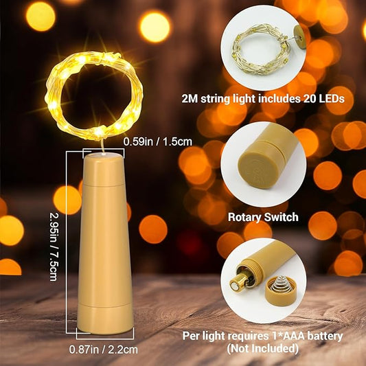 PChero Wine Bottle Cork Lights with Timer, 10 Pack 20 LED 6.6 ft Fairy String Lights Battery Operated for DIY Party Wedding Christmas Festival Bar Decoration, Warm White