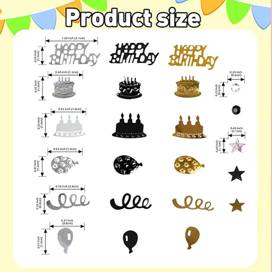 VHUWE Happy Birthday Confetti, 1.6 oz Black Gold Silver Cake Balloon Star Goblet Bottle Glitter Confetti for Happy Birthday Party Decorations Boys Girls Kids Women Men Birthday Table Decorations