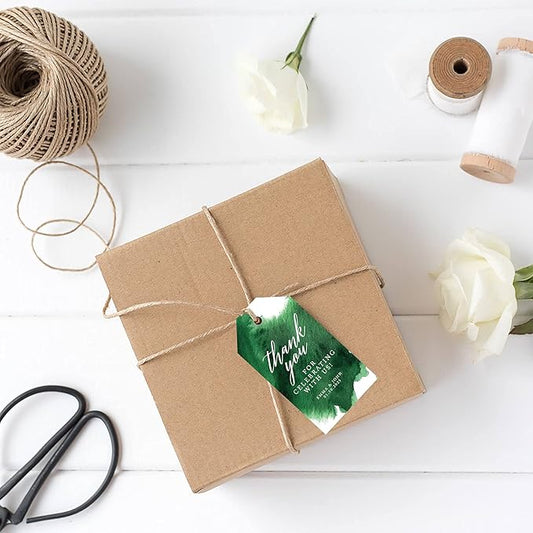 Andaz Press 100-Pack Personalized Thank You for Celebrating with Us Wedding Favor Tags with Bakers Twine Emerald Green Watercolor Custom Cardstock Wedding Gift Tags for Party Favors 2 x 3.75-Inches