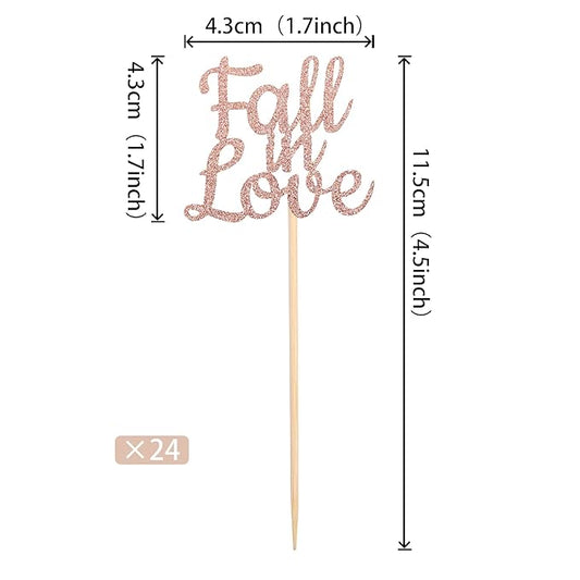 24 PCS Fall in Love Cupcake Toppers Glitter Bridal Shower Cake Picks Decorations for Wedding Engagement Anniversary Birthday Party Supplies Rose Gold