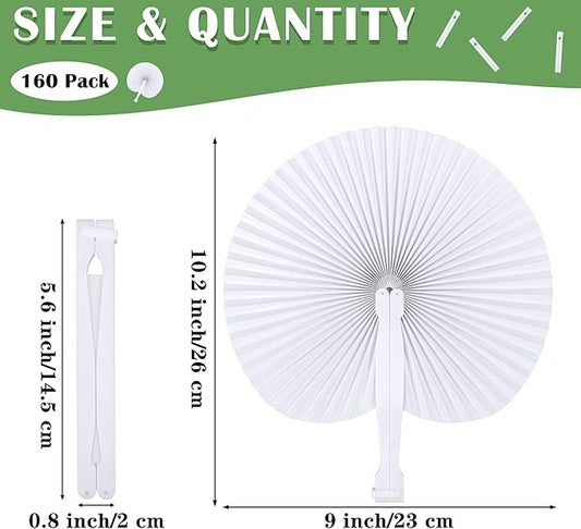 MCEAST 160 Pack Folding Wedding Paper Fans White Handheld Folding Fan Round Shaped Wedding Fans with Plastic Handle for Wedding Birthday Party Favors Supplies Home Decoration (Round)