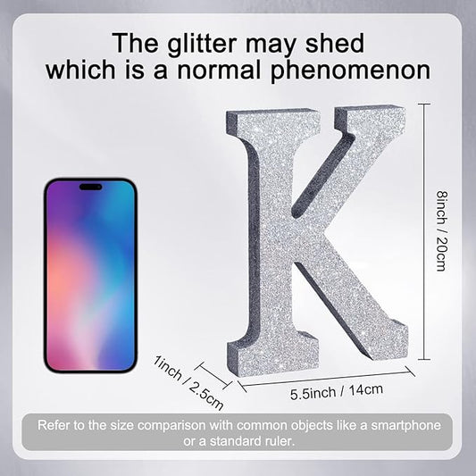 TONIFUL 8 Inch Silver Glitter Letter K Table Centerpiece A-Z Silver Birthday Party Decorations,Silver Alphabet K for Birthday,Chrismas,Graduation,Bridal Shower,Wedding,Anniversary Party Supplies