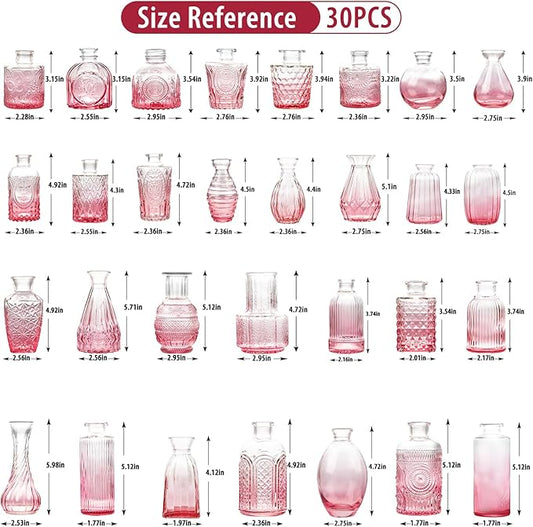 Pink Glass Bud Vase Set of 30, Small Flower Vases in Bulk, Mini Vintage Vases for Centerpieces, Home, Parties, Wedding Table Decoration (30 Pack)