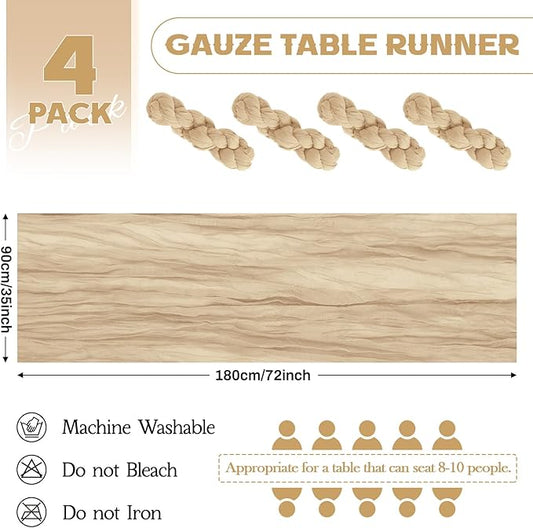 Aktor 4 Pack Beige Table Runner Boho Cheesecloth Table Runner Semi Sheer Gauze Fabric Runners for Wedding Birthday Baby Shower Party Boho Table Decoration(Beige)
