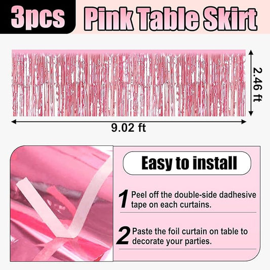 3 Pack 29x108 Inch Pink Foil Fringe Table Skirts Metallic Banner for Tinsel Streamer Garland Backdrop for Parade Floats Wedding Thanksgiving Birthday Christmas Halloween Party Decoration