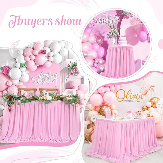 QueenDream Pink Sheer Table Skirts 14ft Chiffon Tablecloth for Rectangle Tables for Baby Shower Birthday Party Wedding Decorations