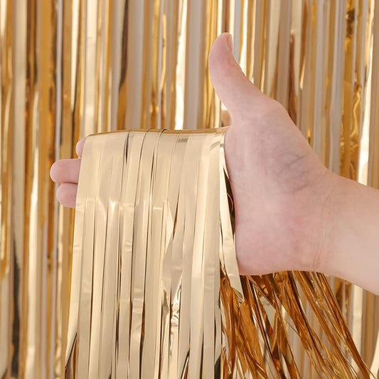 2 Pack Champagne Foil Fringe Backdrop Curtains, Tinsel Streamers Birthday Party Decorations, Fringe Backdrop for Graduation, Baby Shower, Gender Reveal, Disco Party