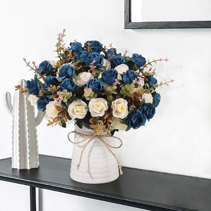 Lifelike Artificial Rose Bouquets and Ceramic vases, Fake Silk Roses, Suitable for Wedding, Dining Table, Office, Party and Home Decoration(Blue)