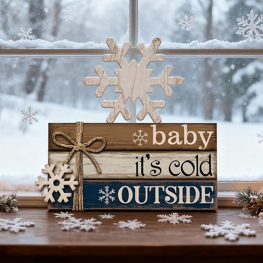 4 Pcs Winter Christmas Decor Winter Table Decorations Christmas Tiered Tray Decor Centerpiece Decorations Indoor Rustic Wooden Snowflake Block Sign Gift Farmhouse for Home Kitchen Shelf