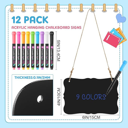 12 Pcs 4 x 6 Acrylic Chalkboard Hanging Sign with Chalk Markers Chalk Board Signs with Hanging String for Wedding Kitchen Home Party Decoration (Bracket)