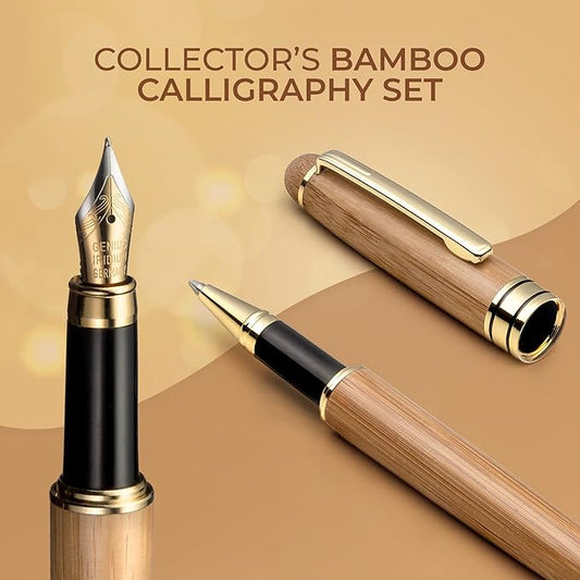 ZenZoi Wood Pen Set - Bamboo Fountain Pen w/Fine Nib & Rollerball Pen. Smooth Writing, Refillable, Vintage, Crafted, Journaling Pen. Luxury Pen Gift Set for Men, Women, Ink Converter.