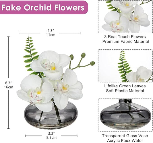 White Orchids Artificial Flowers Faux Orchids Arrangement in Black Glass Vases Set of 3 Real Touch Phalaenopsis Orchid Flowers Small Fake Orchid Centerpiece for Dining Room Table