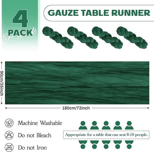 Aktor 4 Pack Emerald Green Table Runner Boho Cheesecloth Table Runner Semi Sheer Gauze Fabric Runners for Wedding Birthday Baby Shower Party Boho Table Decoration(Emerald Green)