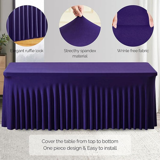 Wish Care 2 Pack Dark Purple Spandex Table Clothes for 6 Foot Rectangle Tables, 6FT Wrinkle Free Fitted Tablecloths Ruffles Design Table Cover for Party, Banquet, Wedding and Events