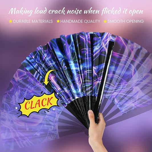 SYNTECSO Folding Hand Fan for Rave, Popping Fan for Line Dancing, Drag Queen, Women and Men Gift,Chinese Japanese UV Glow Clack Fan for Parties, Music Festivals, EDM and Decoration