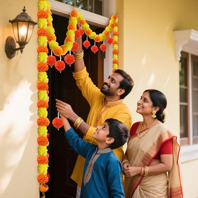 5 Pcs Diwali Artificial Marigold Garland with Pearls Decor, 4.5 Feet Artificial Marigold Flowers for Indian Pooja Diwali Home Mantle Decor Long Strands for All Year Decoration (Yellow&Orange&Red)
