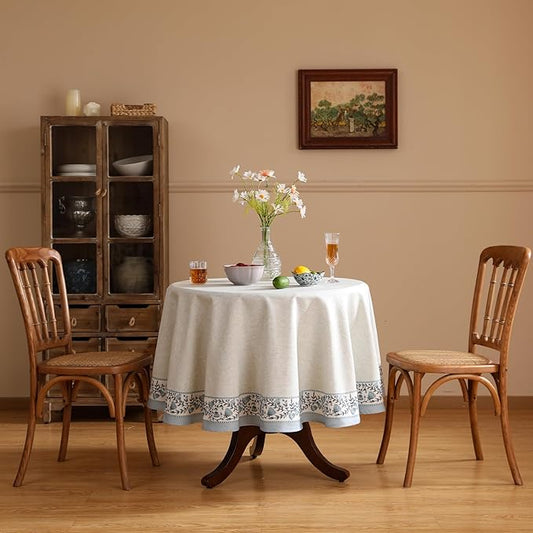 ISAENNE Designer Vintage Linen Elegant Small Round Tablecloth,Chinoiserie Floral Table Cloth,Wrinkle Resistant Decor Table Cover for Dining Thanksgiving Kitchen,Diameter 55"-Segerman B