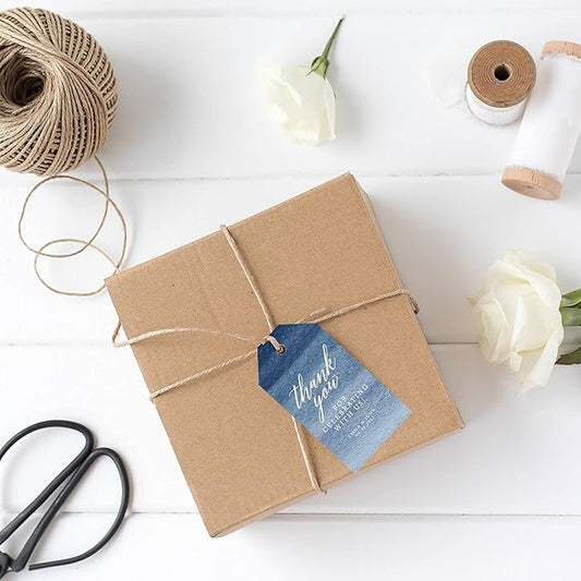Andaz Press 100-Pack Personalized Thank You for Celebrating with Us Wedding Favor Tags with Bakers Twine Navy Blue Ombre Watercolor Custom Cardstock Wedding Gift Tags for Party Favors 2 x 3.75-Inches