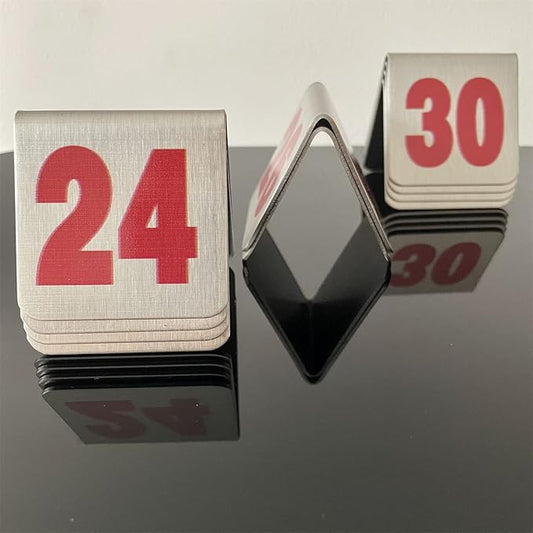10 Pcs Metal Place Cards Stackable Tent Style Table Numbers,Place Card Holders for Celebration Wedding Party Restaurants Cafes Bars Gatherings meeting Room Board Game Serial (Small 21-30, Red)