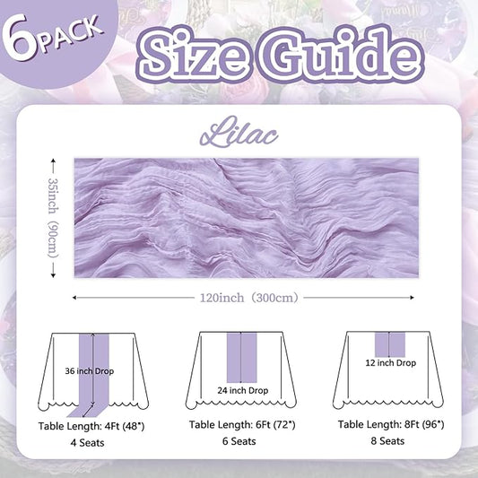6 Pack Lilac Purple Table Runner 10ft Boho Gauze Fabric Cheesecloth Table Runner 35 x 120 Inch Rustic Sheer Runner for Romantic Wedding Decor Baby Shower Party Table Centerpiece Decoration