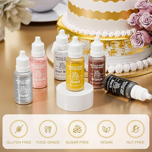 Edible Glitter Paint Set- 6 Color Food Coloring Metallic Glitter Paint for Baking, Cake Decorating - Food Grade Art Decorative Cake Paint for Cupcakes, Cookies, Fondant, Donuts, Macaron, Candy (metal, 6 color)