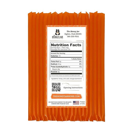 The Honey Jar Orange Flavored Honey Sticks - Pure Honey Straws For Tea, Coffee, or a Healthy Treat - One Teaspoon of Flavored Honey Per Stick - Made In The USA with Real Honey - (20 Count)