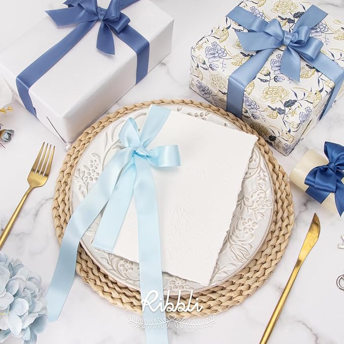 Ribbli Dusty Blue Satin Ribbon 1 Inch x 4 Rolls Total 40 Yards- Light Blue/Dusty Blue/Smoke Blue/Light Navy Ribbon for Gift Wrapping Craft Wedding Decoration