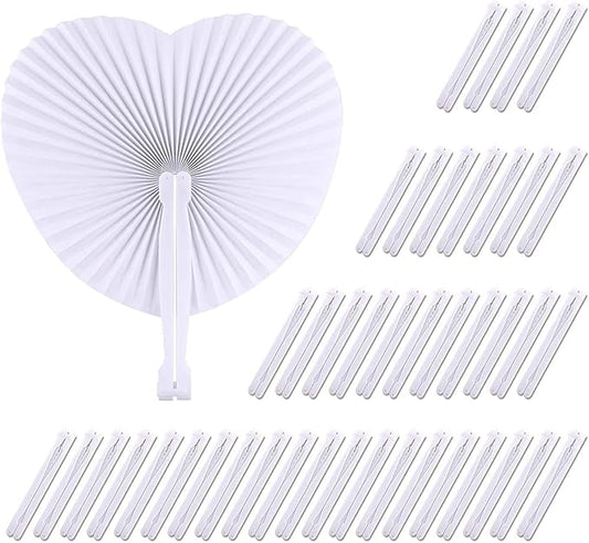 ZWIN 48 Pcs Heart Shaped Paper Fans for Wedding Pocket Folding Paper Fans with Plastic Handle White Blank Fans for Guest Celebration Party Decoration