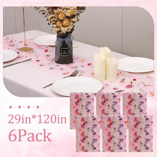 6PCS Pink Floral Table Runner 10 FT, Embroidery Daisy Table Runners Seasonal Sheer Tulle Table Runner for Thanksgiving Wedding Birthday Baby Shower Party 