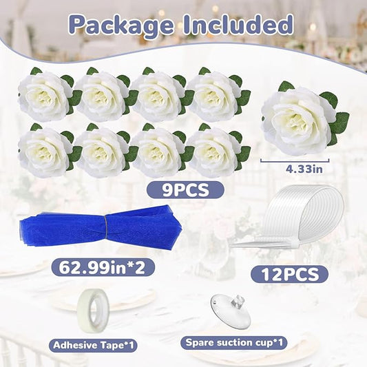Wedding Car Flower Decoration, White Floral Flowers and Blue Ribbon Set, Just Married Automotive Ornament Accessores for Bridal Shower Party Decor