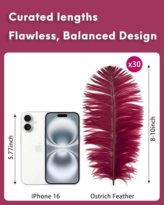 NEWONG 30pcs Wine red Ostrich Feathers Natural Bulk 8-10in(20-25cm) Vase Craft Wedding Home Party Centerpieces Christmas Day Decoration