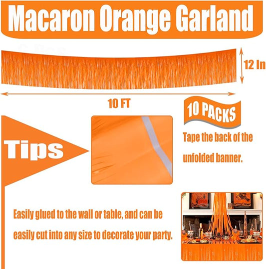 10 Pack 10 Feet Foil Fringe Garland Metallic Tinsel Streamers Banner Wall Hanging Curtain Backdrop for Parade Floats, Bachelorette, Wedding, Birthday, Halloween, Christmas Party Decorations(Orange)