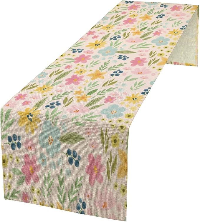 Floral Table Runner, Boho Style Watercolor Flower Green Leaf Plant Rectangle Table Decoration for Dining, Party, Holiday,13in(33cm) W * 90in(229cm) L