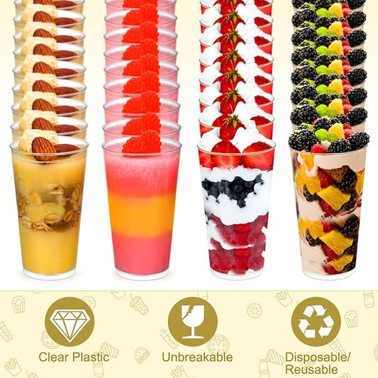 CHENGU 3 Oz Dessert Cups with Spoons Mini Shooter Cups Small Round Tableware for Parfait Appetizer Pudding Tasting for Event Festival Birthday Party Supplies(150 Pieces)