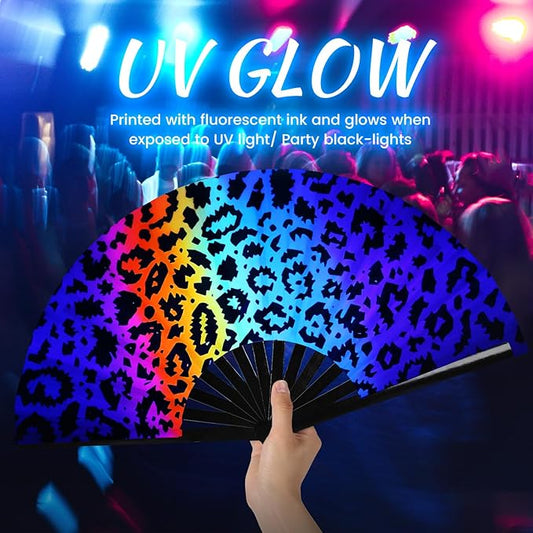 SYNTECSO Folding Hand Fan for Rave, Popping Fan for Line Dancing, Drag Queen, Women and Men Gift,Chinese Japanese UV Glow Clack Fan for Parties, Music Festivals, EDM and Decoration