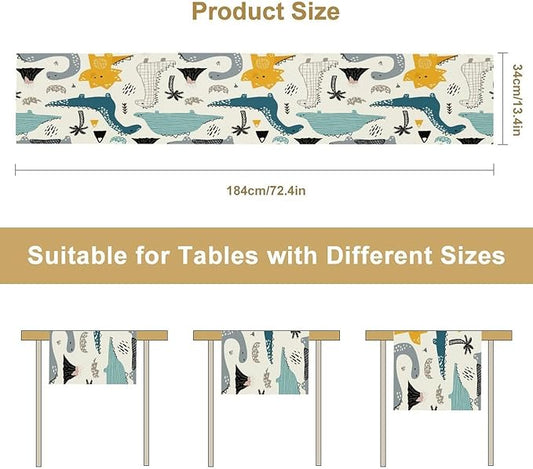 Cartoon Dinosaur Table Runner,Kids Boys Cute Various Dino Moutain Modern Abstract Print Tablecloth Burlap for Hotel Indoors Outdoor Dining Room Kitchen Holiday Party, 13x90in