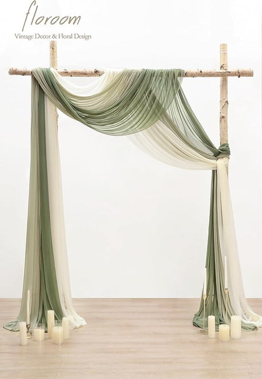 Floroom Wedding Arch Draping Fabric 3 Panels 20Ft Chiffon Fabric Drapes Arbor Drapery Wedding Ceremony Reception Swag Decorations (Forest Green +Sage Green +Ivory)