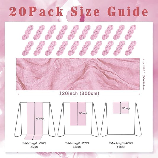 Light Pink Cheesecloth Table Runner 20 Pack 10FT Rustic Gauze Fabric Cheese Cloth Table Runner for Wedding 20 x 120 Inch Long Bridal Baby Shower Table Decorations Boho Sheer Birthday Party Table Decor